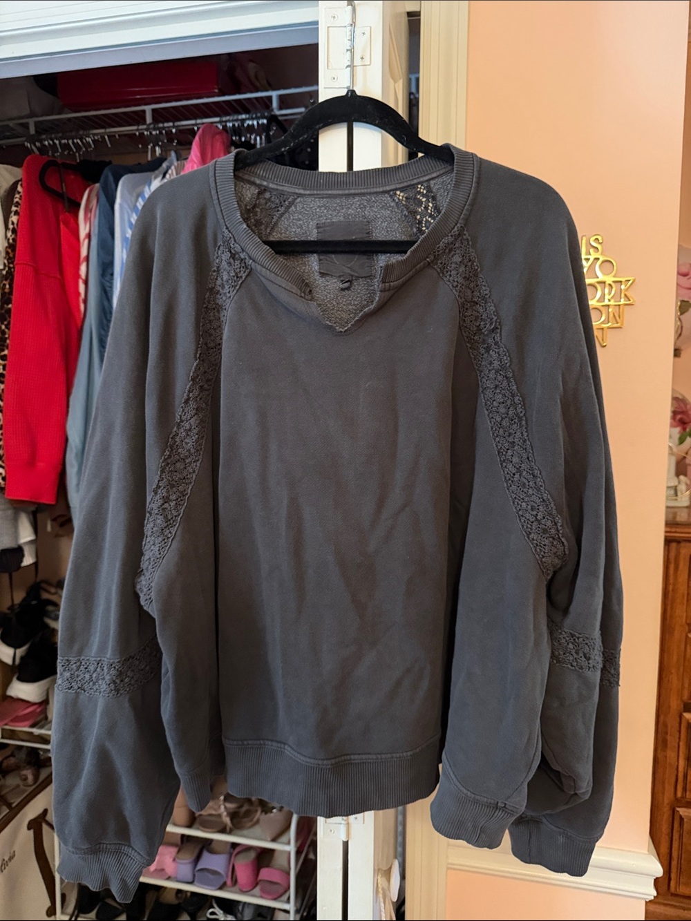 aerie Charcoal Gray V-Neck Lace-Inset Pullover Sweatshirt